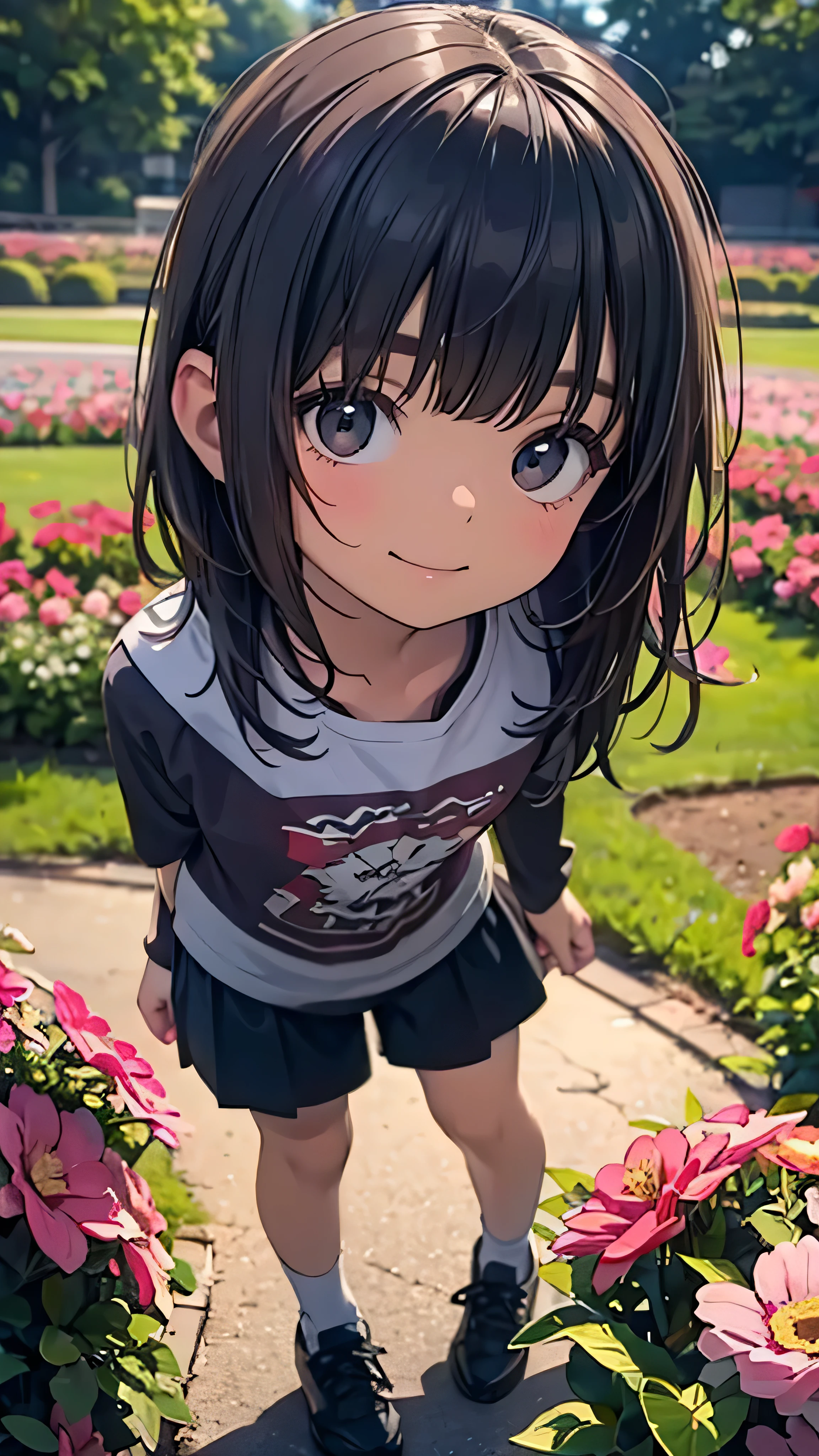 Official Art, wallpaper, Very detailed, (((Very detailed))), Realistic portraits, (high quality, masterpiece, High resolution) , 8K  UHD, Soft Light, high quality, Volumetric Light, There is a woman, surrounded by colorful flowers, Flower Field, female portrait With flowers, Soft and fantastic lighting, Beautiful young dark-haired woman, Fantastic and dreamy, 4K, 8k, Background Blur, smile, 10 years old, Angle from below, Dynamic, Wide angle, Aperture value F1.2, Anatomically correct, low angle, Full body photo, short stature