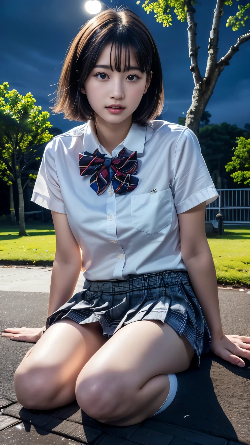 (masterpiece, best quality:1.2), (realistic,photo-realistic:1.4), RAW photo, highres, extremely detailed, intricate details, (full body, from below), solo, 1girl, a 19 years old Korean female, (white shirt, short sleeves, bowtie, plaid miniskirt, pleated skirt, bare legs, thighs, socks, loafers, school uniform:1.2), dark hair, short bob hair, cute face, detailed face, detailed eyes, sophisticated nose, fine-textured skin, pale skin, (sitting at the ground in park :1.5), (((midnight:1.6))),