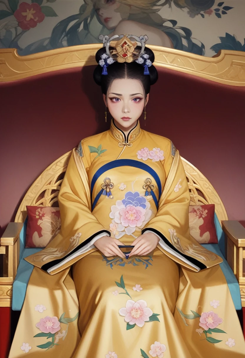 From before the Qing, The Empress sits naked on a golden sofa in the palace, Her eyes are wide open, Her legs were spread, big naked breasts. At the Chinese court during the Qing Dynasty, Empress of the Qing Dynasty, Empress of China, Wearing a large crown, When viewed from below, the abdomen and thighs are visible..。She is completely naked, Showing off gorgeous large flowers and hairpins, She tied her hair up and pulled it up, 背景はEmpress of the Qing Dynastyの豪華な宮殿.