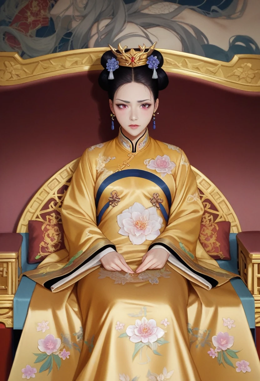 From before the Qing, The Empress sits naked on a golden sofa in the palace, Her eyes are wide open, Her legs were spread, big naked breasts. At the Chinese court during the Qing Dynasty, Empress of the Qing Dynasty, Empress of China, Wearing a large crown, When viewed from below, the abdomen and thighs are visible..。She is completely naked, Showing off gorgeous large flowers and hairpins, She tied her hair up and pulled it up, 背景はEmpress of the Qing Dynastyの豪華な宮殿.