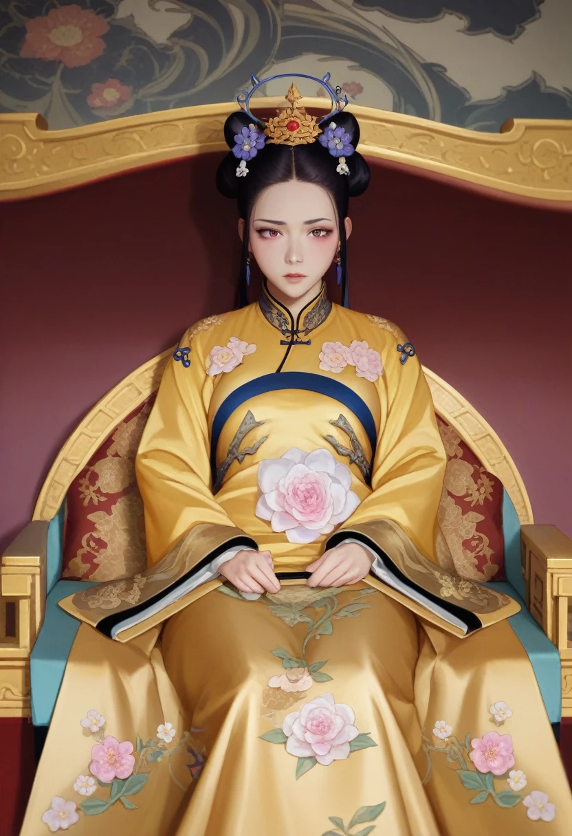 From before the Qing, The Empress sits naked on a golden sofa in the palace, Her eyes are wide open, Her legs were spread, big naked breasts. At the Chinese court during the Qing Dynasty, Empress of the Qing Dynasty, Empress of China, Wearing a large crown, When viewed from below, the abdomen and thighs are visible..。She is completely naked, Showing off gorgeous large flowers and hairpins, She tied her hair up and pulled it up, 背景はEmpress of the Qing Dynastyの豪華な宮殿.