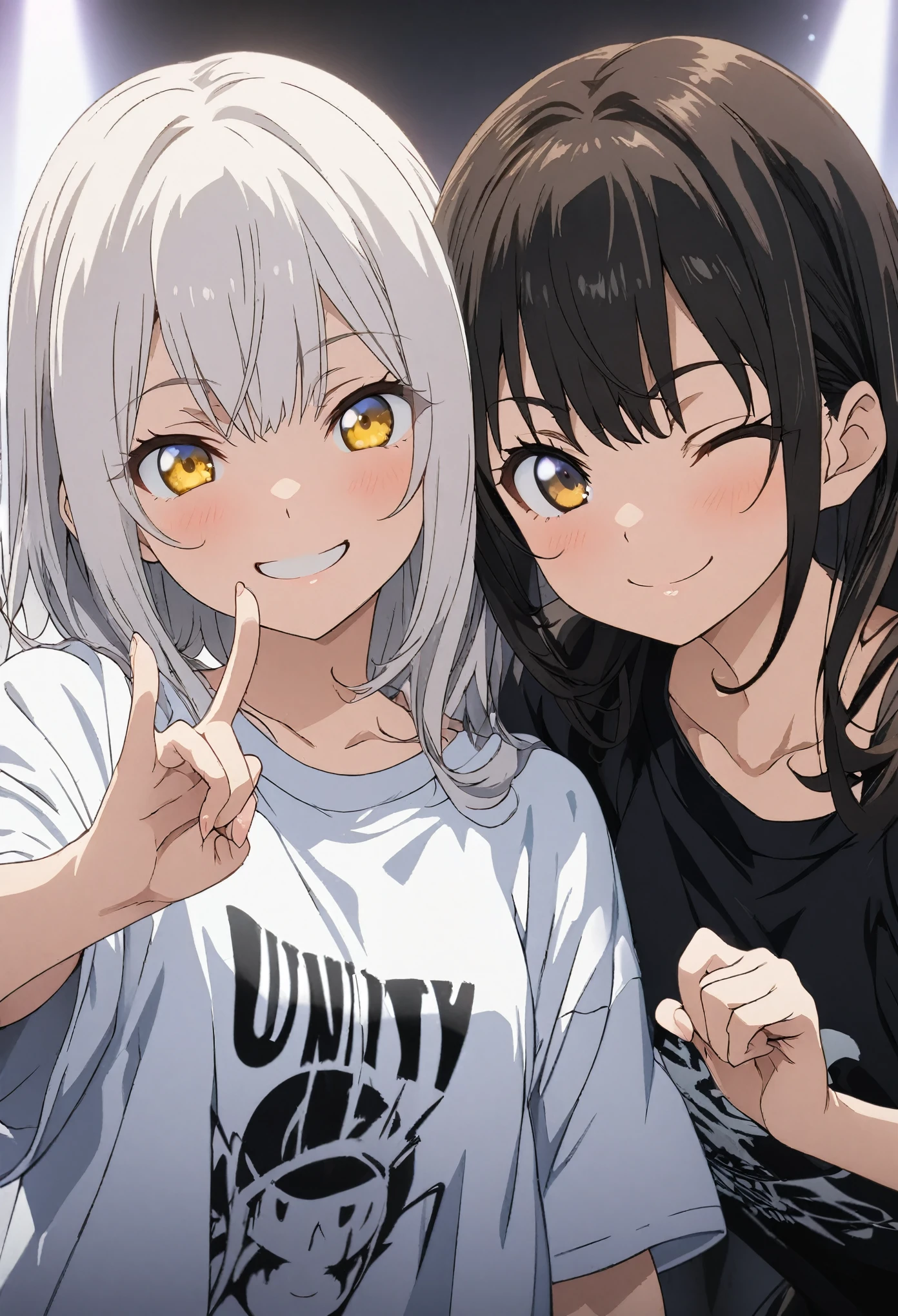 Two Girls, twins, masterpiece, Highest quality, Highly detailed CG Unity 8k wallpaper, High School Girl Anime Illustration. Wear an oversized t-shirt and oversized pants、Make a finger gun gesture to the audience, she has her eyes closed and mouth open, smile. The background is a simple single color, white hair color, Yellow Eyes, close up of face