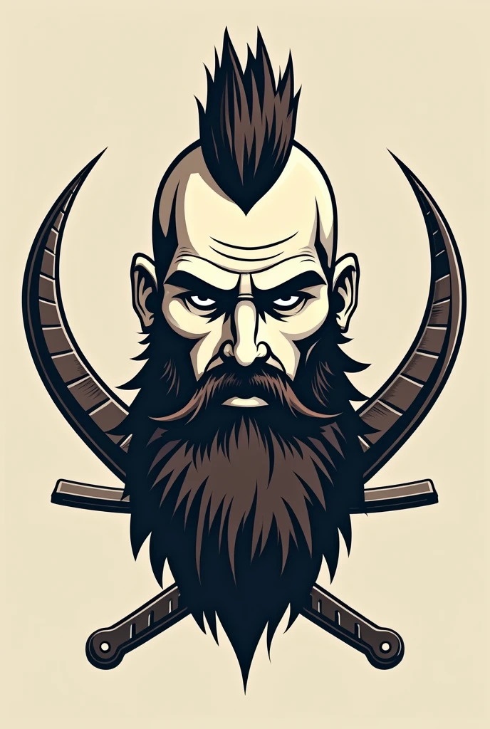 Viking barber shop logo with bald bearded man with mohawk and two razors exposed around
