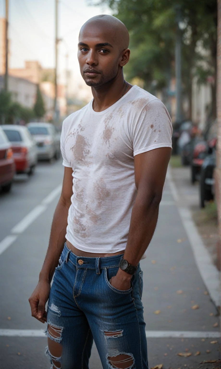 score_9, score_8_up, score_7_up, score_6_up, score_5_up, score_4_up, realistic style, photo, photorealistic, high detail, (sharp), BRAKE, male, young African American, bald head, dirty white shirt, ripped jeans, (gangster), standing in ghetto, militant pose, (against ghetto background), looking at viewer, depth of field, bokeh