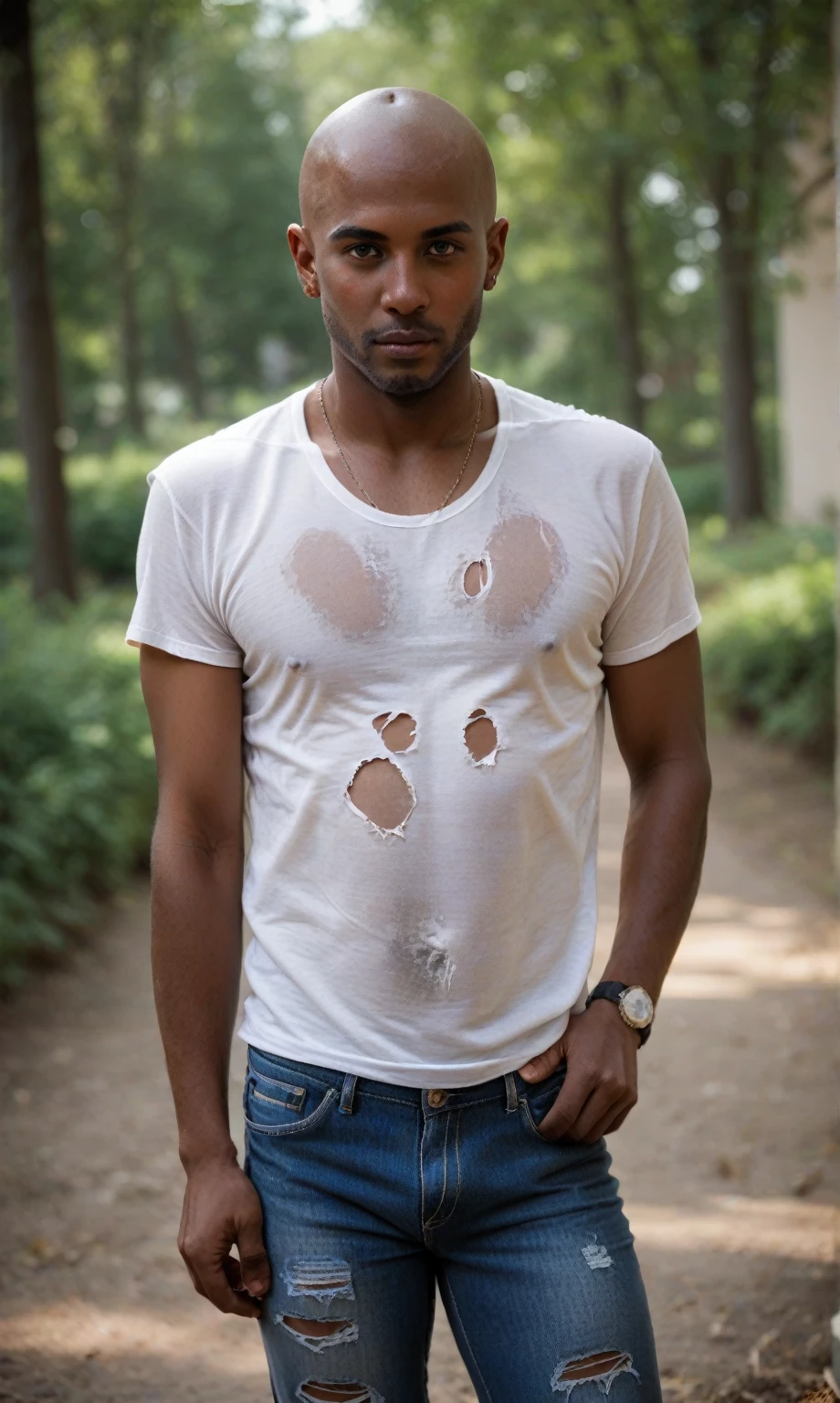 score_9, score_8_up, score_7_up, score_6_up, score_5_up, score_4_up, realistic style, photo, photorealistic, high detail, (sharp), BRAKE, male, young African American, bald head, dirty white shirt, ripped jeans, (gangster), standing in ghetto, militant pose, (against ghetto background), looking at viewer, depth of field, bokeh