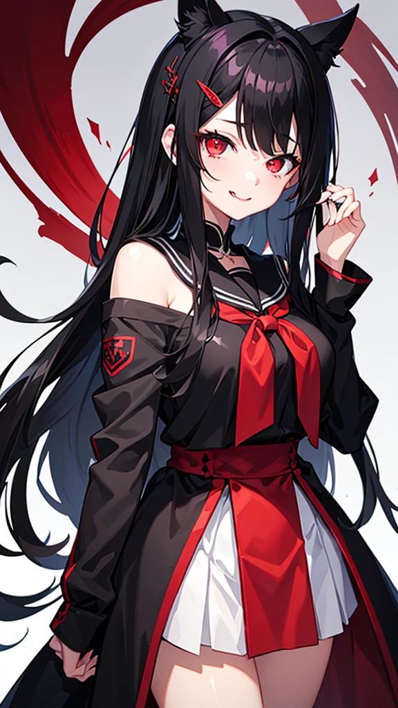 Black Hair, Red eyes, Long Hair, Large Breasts, Sticking out tongue, Slanted Eyes, A seductive smile, Close one eye, Teardrop, Simple Background, Barrette, anime,school uniform, human,One girl, Highest quality, High resolution, Character portrait, 