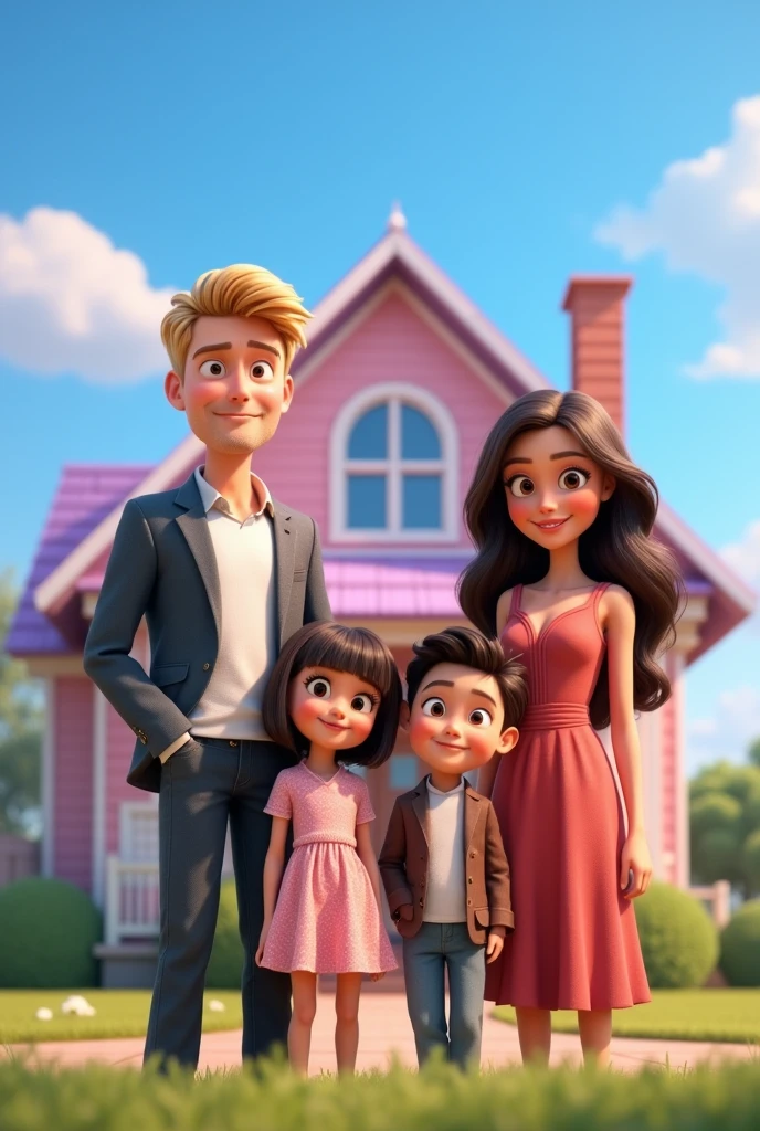 Disney Pixar poster in front of a house under a clear blue sky. shows a white family. The tallest, handsome father has blonde hair and the mother has beautiful eyes and brown, shoulder-length hair. one beautiful 4 year old girl is being held by her father on the left and there are two handsome boys standing in front of her. everyone wore nice clothes
.looking ahead with a happy smile. The house in the pink background with white accents and a purple roof, gives a magical impression. The setting looks like a sunny day with a few clouds in the sky, depicting a cheerful and carefree atmosphere. 3D Rendering
