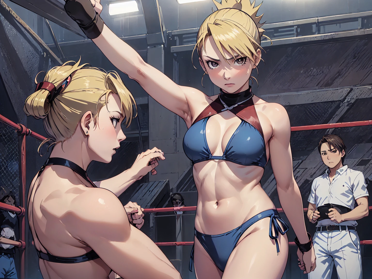 masterpiece, Highest quality, High resolution, One Girl, Hamriz, ponytail, Brown eyes,big , マイクロbikini、Cowboy Shot、Muscular body、blush、Sweat、Composition from the front、anime、(((Light blue bikini、Stand in front、audience、Shaking breasts、 Fully exposed、I-shape balance、Spread your legs、Kick、Look forward)))、((Wrestling Arena)), (Female wrestler), (Slender body, 発Sweat, tired), Mature Woman, Mature Woman, (bikini, Very sophisticated wrestling equipment)