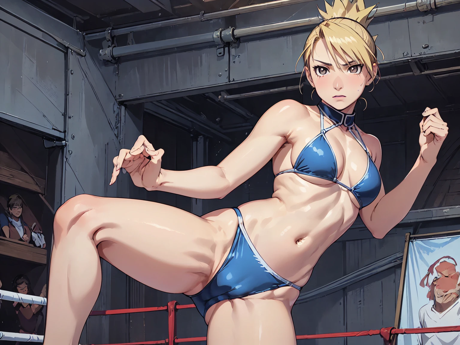 masterpiece, Highest quality, High resolution, One Girl, Hamriz, ponytail, Brown eyes,big , マイクロbikini、Cowboy Shot、Muscular body、blush、Sweat、Composition from the front、anime、(((Light blue bikini、Stand in front、audience、Shaking breasts、 Fully exposed、I-shape balance、Spread your legs、Kick、Look forward)))、((Wrestling Arena)), (Female wrestler), (Slender body, 発Sweat, tired), Mature Woman, Mature Woman, (bikini, Very sophisticated wrestling equipment)
