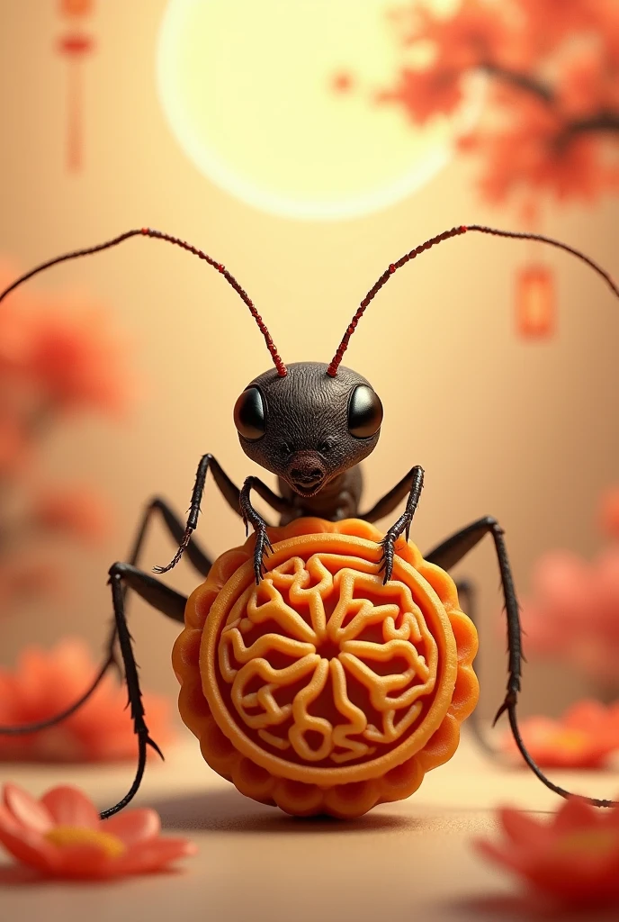 Packaging cover image ，Mooncake gift box，Mid-Autumn Festival style，An ant holding a mooncake，Realistic style