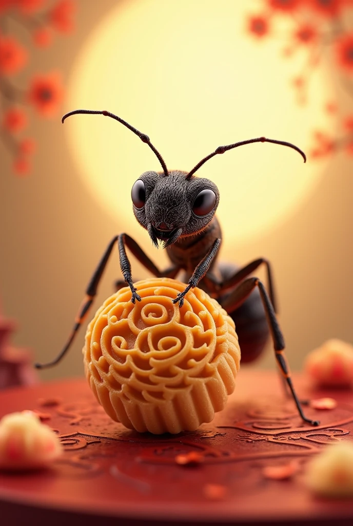 Packaging cover image ,Mooncake gift box,Mid-Autumn Festival style,An ant holding a mooncake,Realistic style