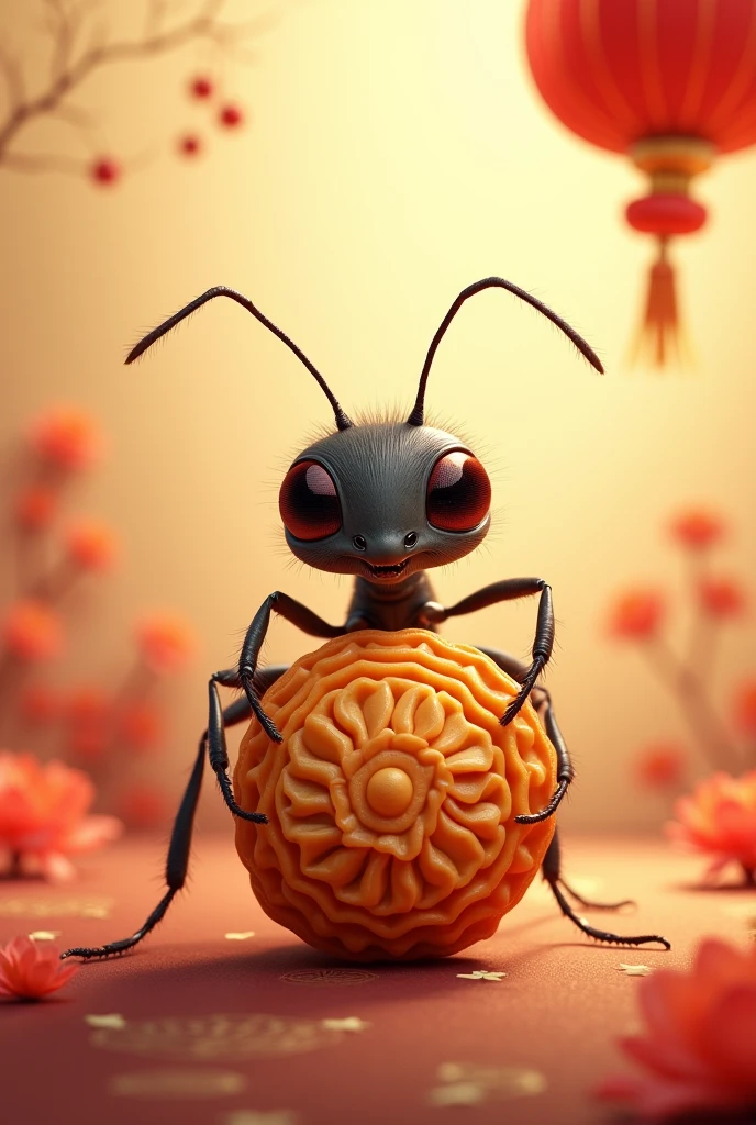 Packaging cover image ,Mooncake gift box,Mid-Autumn Festival style,An ant holding a mooncake,Realistic style