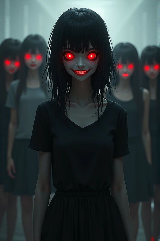 Creepy Korean woman with a strange visage, zombie-like stunningly beautiful, sitting within a nightmarish, deteriorating experimental facility, with dark black hair featuring full, straight bangs, red glowing eyes that pierce the soul, dressed in a short ensemble, her expressionless gaze seemingly inviting with a macabre allure, amidst a backdrop of decaying bodies, dark manga influence