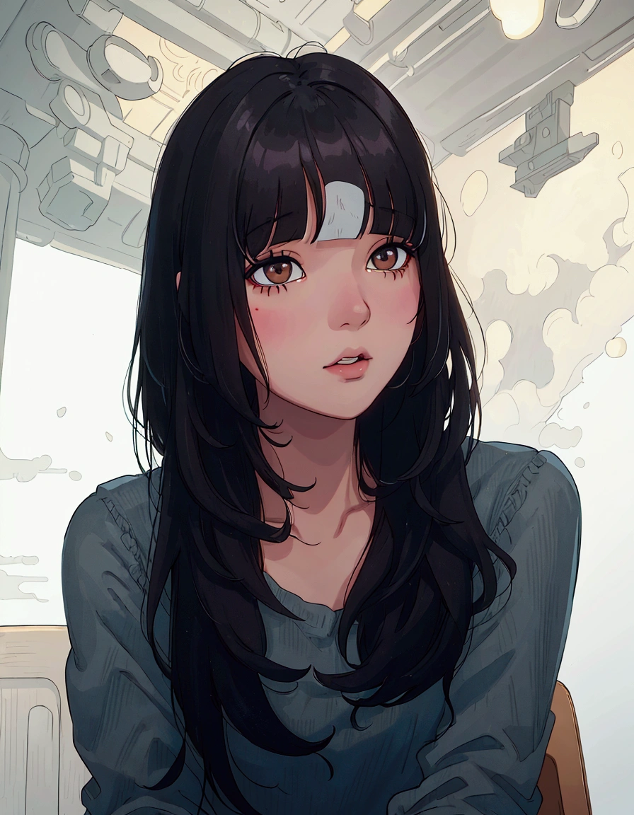 (best quality:0.8) perfect anime illustration, arafed asian woman with long black hair sitting in a chair, black hime cut hair, she has black hair with bangs, long hair with bangs, neat hair with bangs, long black hair with bangs, long hair with full bangs, with bangs, white hime cut hairstyle, long dark hair with bangs, korean girl, beautiful south korean woman, with full bangs