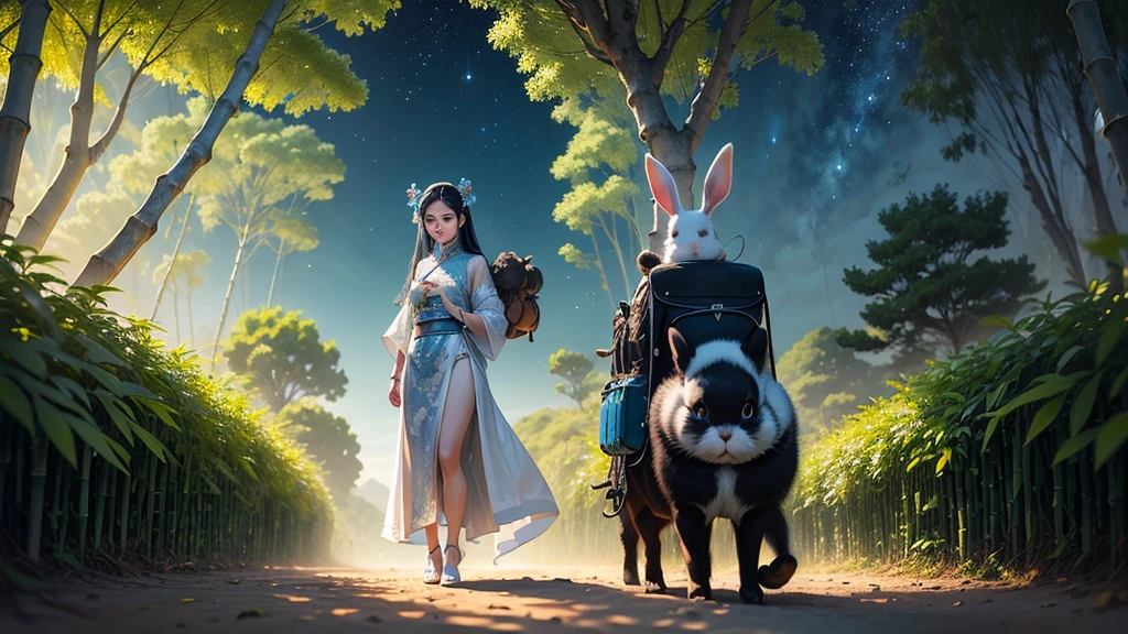 A vast expanse of silvery sand amidst the laurel trees,A beautiful and charming woman wearing gorgeous white ancient Chinese costume,Black long hair,Charming black eyes,Standing,and a white furry rabbit wearing blue ancient clothes,Rabbit carrying bamboo backpack,Standing,Surrounded by laurel trees,The sky is deep blue,Night Sky,