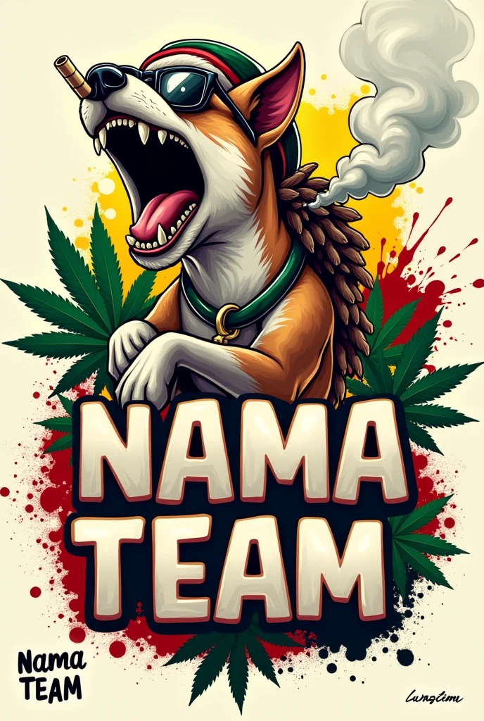 3d logo text "nama team" full white basenji mix white malinois standing roaring,
dreadlocks,wearing a hat beanie and smoking cigar cigarette,wearing cool glasses, muscular, white legs, saliva melting on sharp teeth, wearing a red and white bandana on his head. . In the lower left corner of the image, there is small writing below the text "nama team" which is written in cursive letters and handwritten style. ink splash red yellow green, jamaica flag mariyuana background