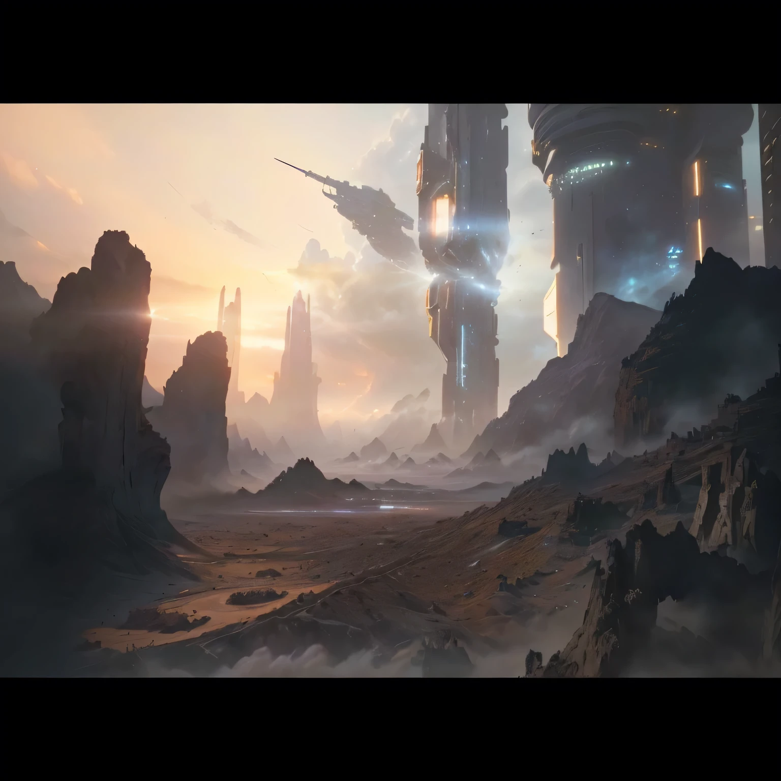 There is a photo of a Sci-fi scene，A spaceship in the background, Movie science fiction lens, Sci-fi movie stills, matte painting of steam machines, Epic movie-quality matte painting, Epic sci-fi movie stills, an Epic sci-fi movie stills, Sci-fi painting, 8K matte, 8K matte, Sci-fi scene, Sci-fi painting