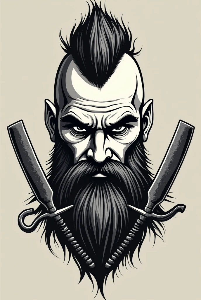 Viking barber shop logo with bald bearded man with mohawk and two razors exposed around