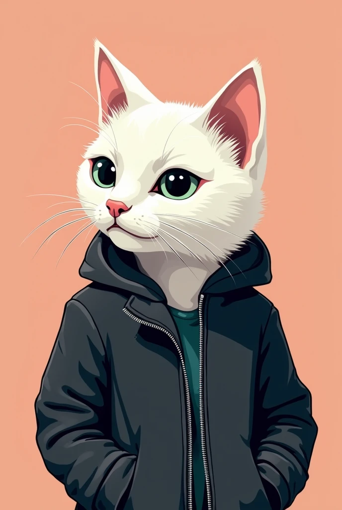   Perfect anatomy white cute cat sideways wearing black leather jacket with cool expression (close up) Background abstract art flat style vector art, Flat vector art uses simplicity in vector art、Pure expression，

                     Highlight simplicity and clarity of form，Bring simplicity and modernity to your work. Vivid depiction. Perfect artistic design. Accurate and perfect anatomy.
