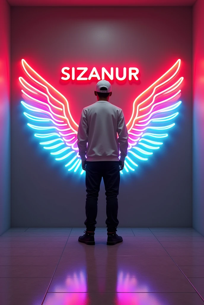 PROMPT :- In this striking and futuristic scene, a mysterious individual stands confidently in front of a mesmerizing neon wall. The individual’s casual attire – a white sweater, white cap, black pants, and black shoes – contrasts with the vibrant neon wings in bangladeshi flag color, symmetrically placed on either side of the figure. The bold red neon quote “SIZANUR” adds an inspiring touch to the composition. The floor, made of tiles, reflects the grayish hue of the wall