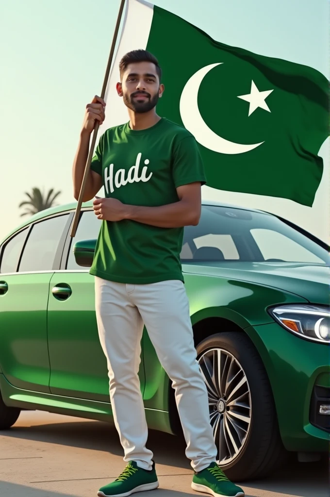 Create an image a man has in his hand Pakistan flag and stand the car this car colour is green men pent colour is white and his shoes is green and his T shirt colour is green"Hadi" name write in his T shirt