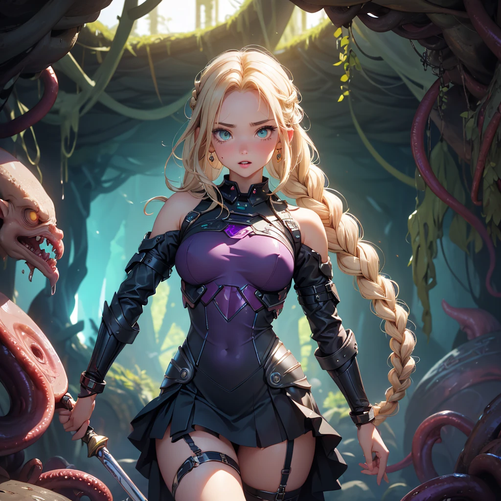 ​master piece,Best Quality,Ultra-detailed,High resolution,Octane Render,valkyrie,Blonde hair,Radiant hair,(1 girl),Beautiful Girl,Beautiful mature face,torn clothes,broken clothes,Seductive young woman,female focus,Beautiful breasts,Full body,(Perfect body),Standing,(Dark purple cyber suit and crimson microskirt),Garter Belt,Bare shoulders,((Check out our thru-rack chokers and midi rings with chains,(blonde single braid),big bright green eyes, Shining eyes beautiful detailed eyes),Cute,Cool,pale skin,Faint lips,A seductive and confident smile,embarrassed,Open mouth,(hair, Realistic:1),to stand,Holding silver halberd,Blushing face,Fantasy,Sweat,steam,(In a cave with tentacles),((veiny tentacles)),cthulhu mythos,