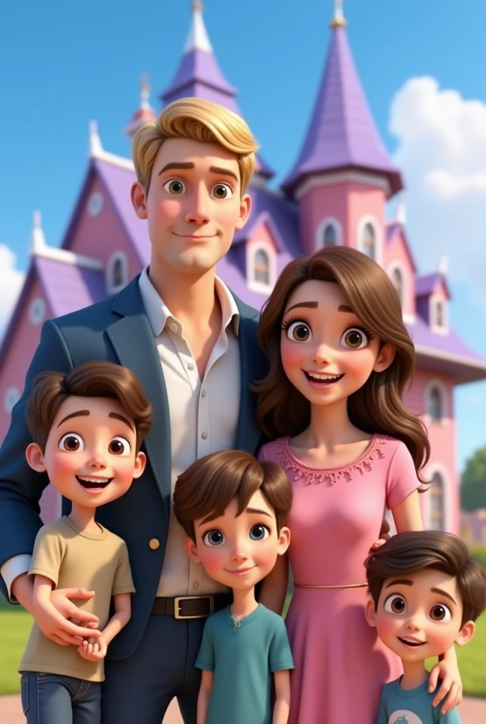 Disney Pixar poster in front of a house under a clear blue sky. shows a white family. The tallest, handsome father has blonde hair and the mother has beautiful eyes and brown, shoulder-length hair.   one beautiful 4 year old girl is being held by her father on the left and there are two handsome boys standing in front of her.  everyone wore nice clothes 
 .looking ahead with a happy smile. The house in the pink background with white accents and a purple roof, gives a magical impression. The setting looks like a sunny day with a few clouds in the sky, depicting a cheerful and carefree atmosphere. 3D Rendering