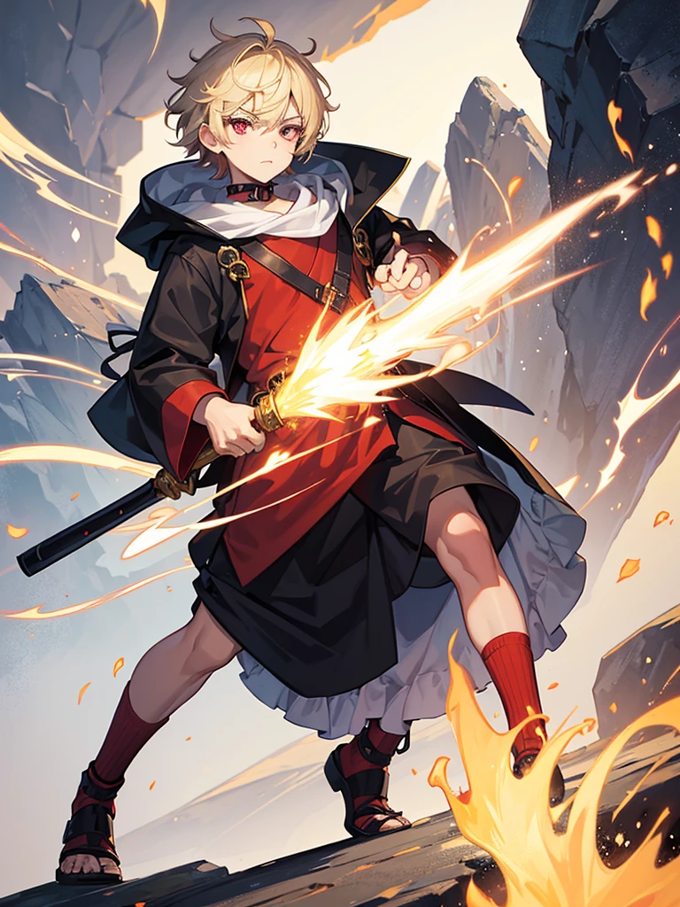 a young boy, childlike appearance, blond, with vibrant red eyes, he's low, a neutral expression, kinda lazy, wearing exotic clothes, having a gaucho style, kind of anime, being clothes a little bigger for his size. He also has a type of weapon that resembles a barbecue skewer., but you can be creative with this weapon, he also has firepower