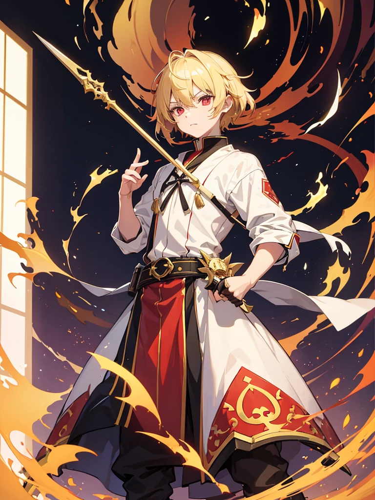 a young boy, childlike appearance, blond, with vibrant red eyes, he's low, a neutral expression, kinda lazy, wearing exotic clothes, having a gaucho style, kind of anime, being clothes a little bigger for his size. He also has a type of weapon that resembles a barbecue skewer., but you can be creative with this weapon, he also has firepower