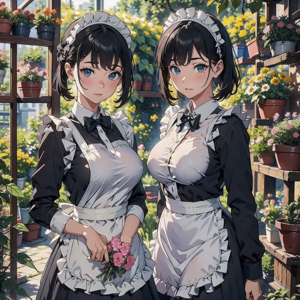 high quality, 最high quality, Realistic, RAW Photos, Realistic, Ultra-realistic 8K CG, Super detailed, High resolution, masterpiece, 1 girl, 18-year-old, Beautiful face of a woman, Soft Face, elegant, Detailed Texture, Maid headdress, apron, chest, Long sleeve, bangs, White shirt, Black Dress, Side Lock, メイド apron, black long skirt,biomechanical boobs,solo、A greenhouse full of flowers、50mm lens、Dominant Pose