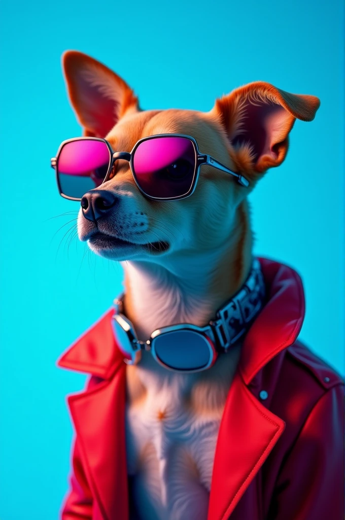 The best cell phone wallpaper, Award-Winning Wallpaper, portrait photography, In the front view is a portrait of a cute dog wearing mid-1960s space age fashion, Side view photo, Shot with Canon EOS R5, Set a strong contrast that accentuates the subject, Fluorescent blue tone, Wearing a very modern coat and sunglasses is a modern 1960s style, Clothes all in one color, beautiful background