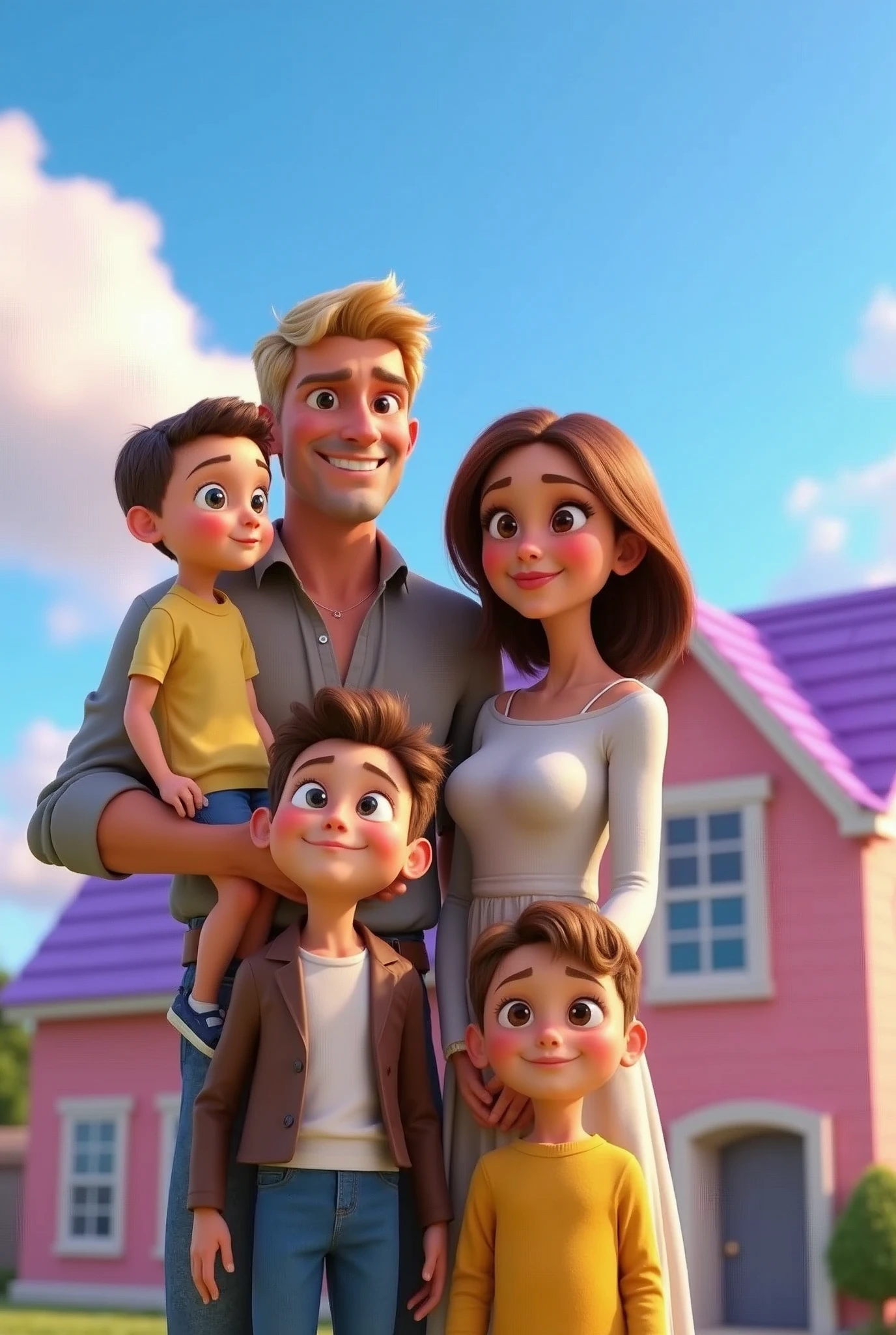 Disney Pixar poster in front of a house under a clear blue sky. shows a white family. The tallest, handsome father has blonde hair and the mother has beautiful eyes and brown, shoulder-length hair.   one beautiful 4  girl is being held by her father on the left and there are two handsome boys standing in front of her.  everyone wore nice clothes 
 .looking ahead with a happy smile. The house in the pink background with white accents and a purple roof, gives a magical impression. The setting looks like a sunny day with a few clouds in the sky, depicting a cheerful and carefree atmosphere. 3D Rendering