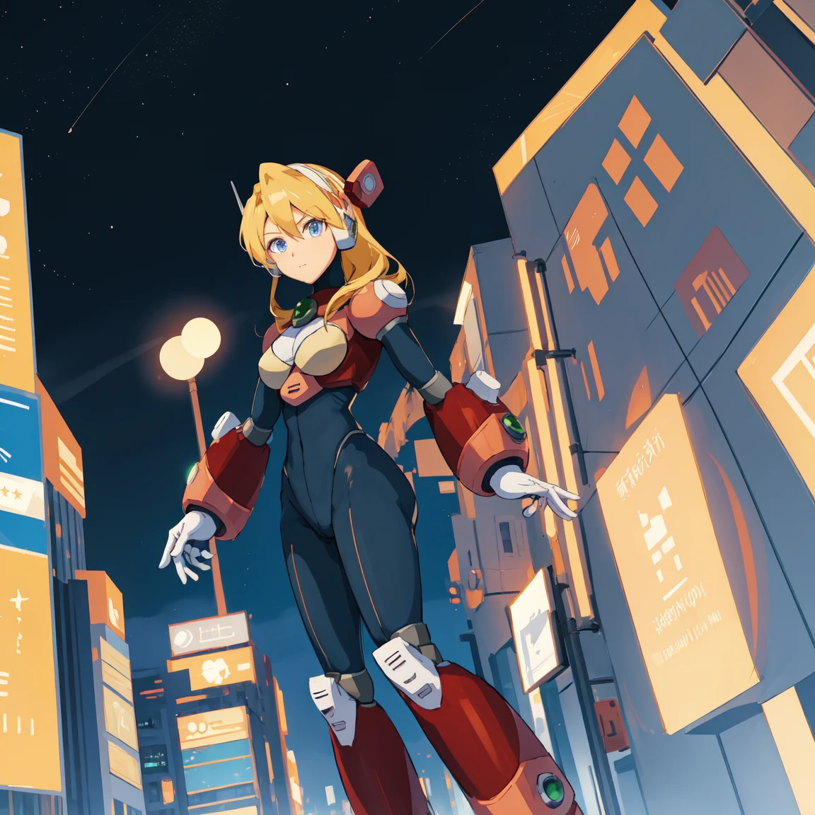 alia_megamanx, 1girl, solo, ???????, blue eyes, blonde hair, android, long hair, robot ears, high quality, masterpiece, standing on a moonlit background with city in sky background