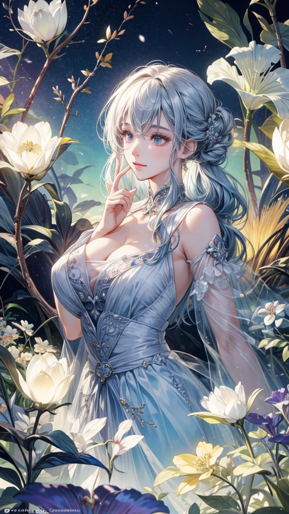 detailed, beautiful, Ethereal, Beautiful portrait of goddess, Luna, Exquisite, Exquisite的面部特征, Radiant Skin, and a calm expression, Surrounded by lush greenery, Fragrant Garden, (best quality, 4K, 8K, high resolution, masterpiece:1.2), 极其detailed, (Practical, photoPractical, photo-Practical:1.37), HDR, Ultra HD, Studio Lighting, Super Fine, Clear focus, Physically Based Rendering, 极其detailed的描述, professional, Bright colors, Bokeh, The art of math, Concept Art