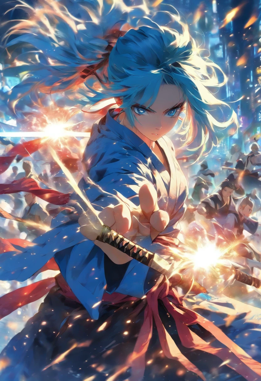 Blue Hair、Blue Eyes、Long Hair、Straight Hair、Rin々Shii、cool、Hakama、Japanese sword、Slashing、Intimidation、calm、Silence、Martial arts field、woman