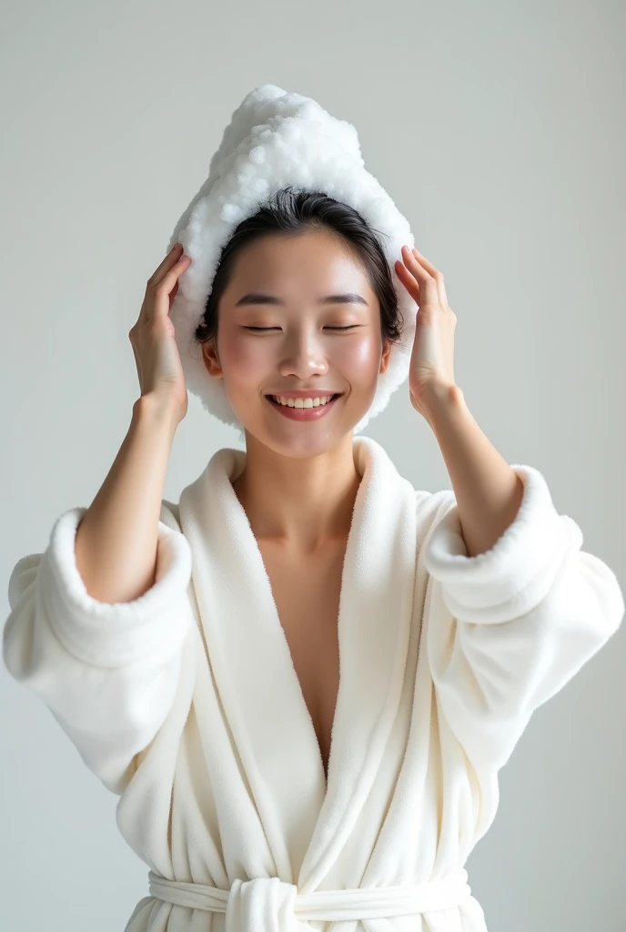 Create an Asian middle-aged beauty,Wearing a white satin bathrobe,Scratching the scalp with both hands,Two hands washing hair on top of head,There is a lot of foam on the head,Foam wrap head,Realistic foam,The expression is happy,Upper Body,front,The characters are realistic and realistic,Pure white background,Character front position,9:16 frames,Ultra-high-definition picture quality