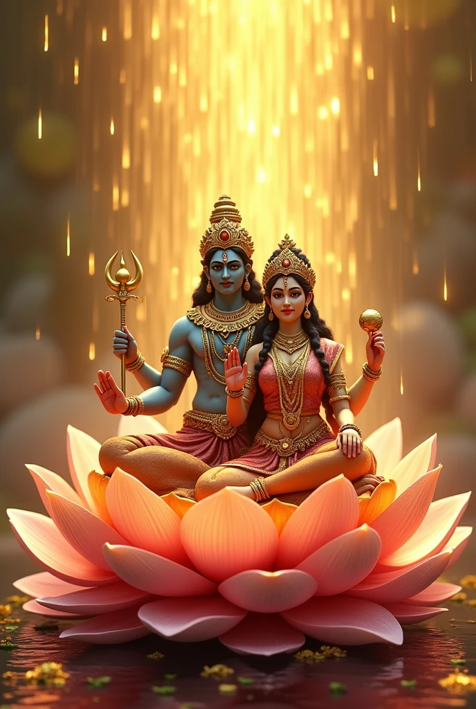 Generate the image of God perumal and God mahalakshmi sitting in the lotus with a gold Rain