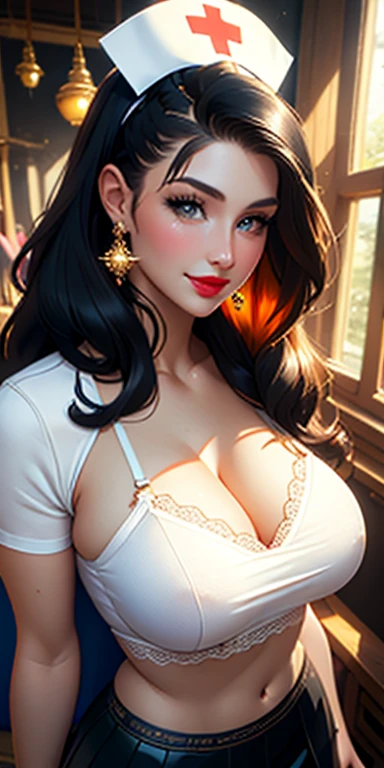 (best quality, ultra-detailed, photorealistic: 1.39), bright and vibrant colors, studio lighting, romantic expression, seductive, Lucy Pinder, portrait, Face portrait, red lips, smiling, cleavage, Voluptuous woman, Chubby woman, straight hair, ironed hair, platinum black hair, long hair, white crop top, black skirt, nurse lingerie. creating a dreamy and magical atmosphere,
