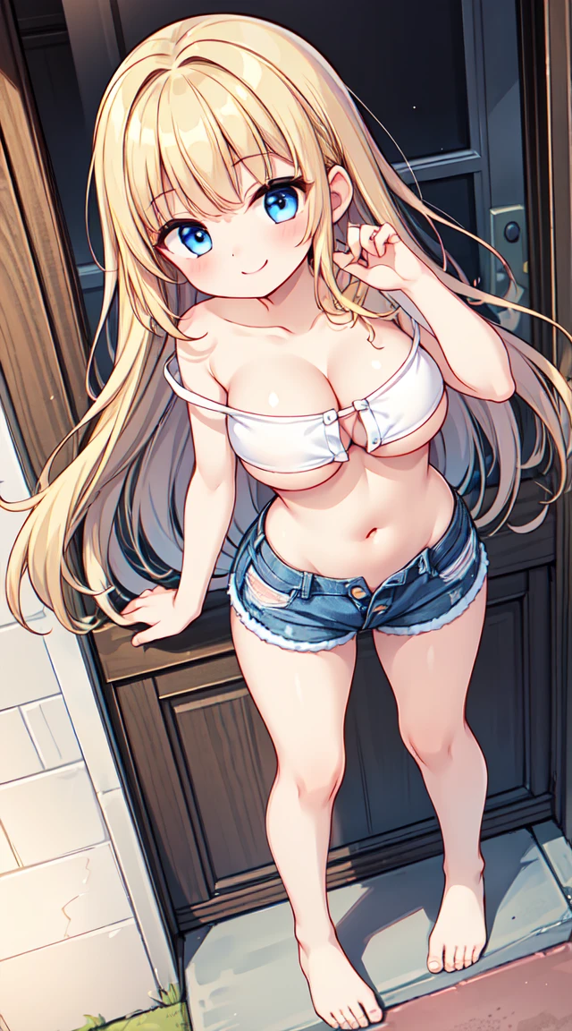 girl，（masterpiece，Highest quality），Street，(Completely naked)，Bare shoulders、Gal、Blonde、smile、passionate、long hair、(Underboob)，Big Breasts，Cleavage，Mini tube top、looking at the camera、shoeicro Mini Denim Shorts(Open button)，solo、Are standing、barefoot