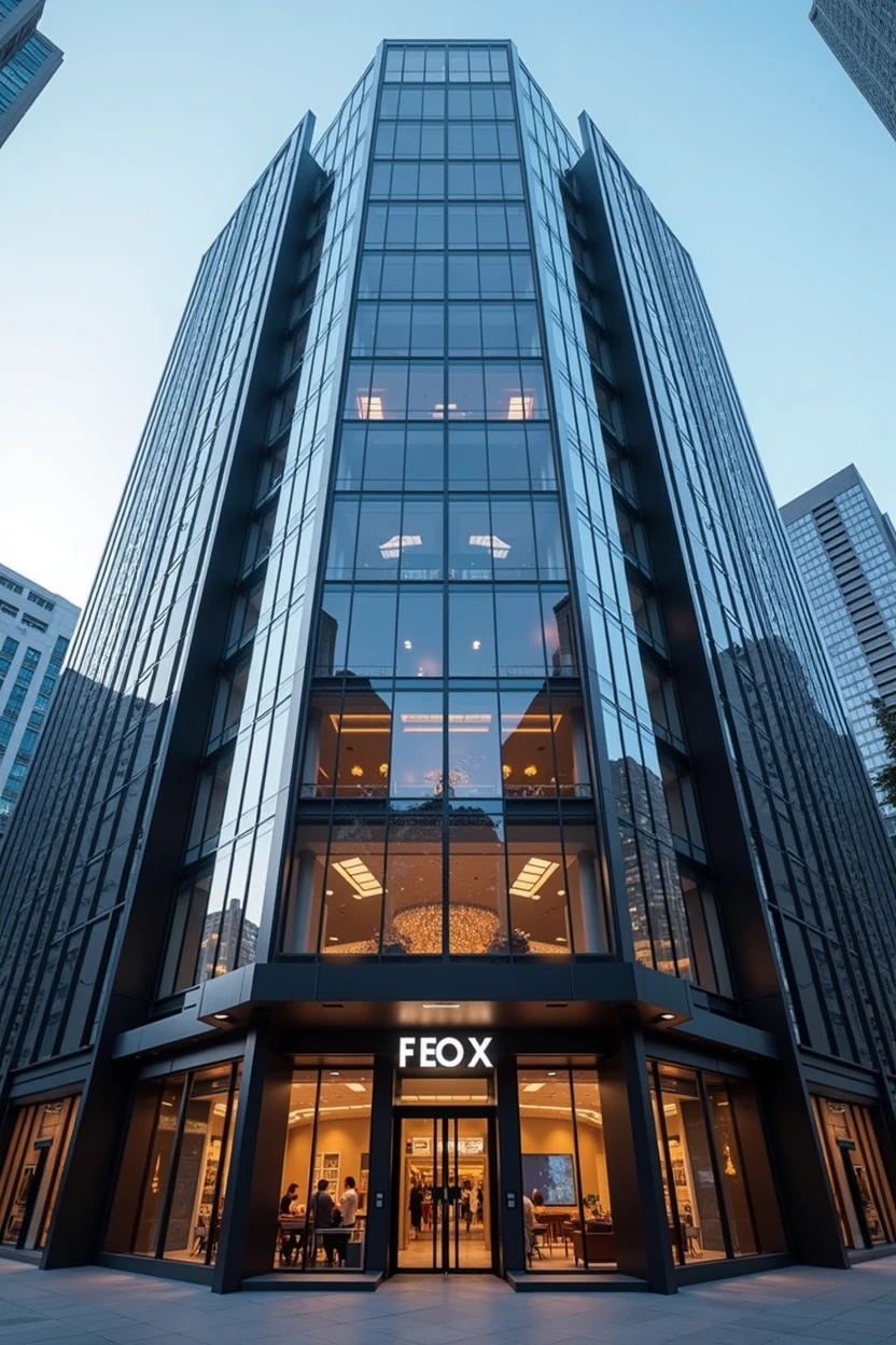 The office is modern in a skyscraper with a sign indicating the name of the store F E O X