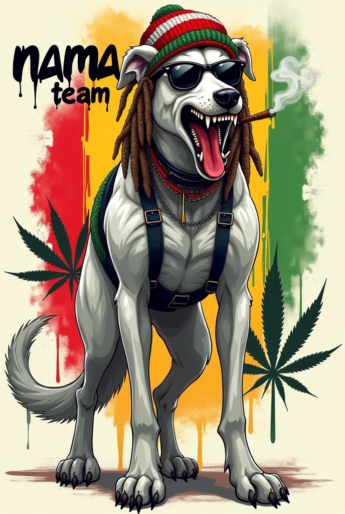 Emblem text "nama team" full white greyhound mix basenji mix white malinois standing roaring,
dreadlocks,wearing a hat beanie and smoking cigar cigarette,wearing cool glasses, muscular, white legs, saliva melting on sharp teeth, wearing a red and white bandana on his head. . In the lower left corner of the image, there is small writing below the text "nama team" which is written in cursive letters and handwritten style. ink splash red yellow green, jamaica flag mariyuana background