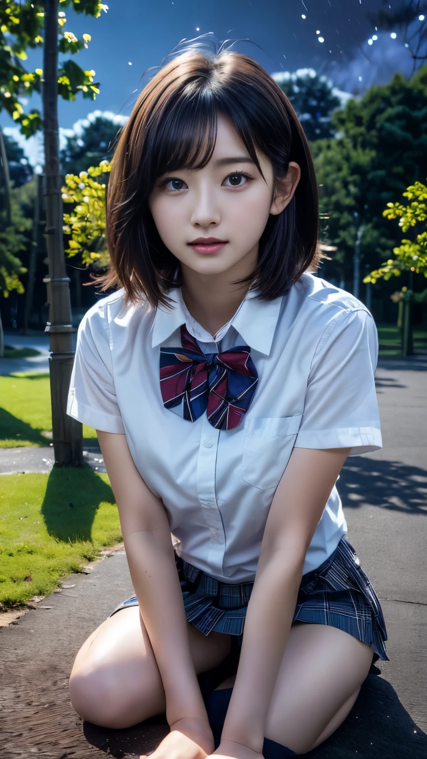 (masterpiece, best quality:1.2), (realistic,photo-realistic:1.4), RAW photo, highres, extremely detailed, intricate details, (full body, from below), solo, 1girl, a 19 years old Korean female, (white shirt, short sleeves, bowtie, plaid miniskirt, pleated skirt, bare legs, thighs, socks, loafers, school uniform:1.2), dark hair, short bob hair, cute face, detailed face, detailed eyes, sophisticated nose, fine-textured skin, pale skin, (sitting at the ground in park :1.5), (((midnight:1.6))),