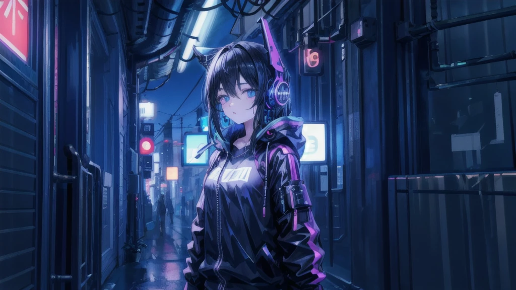 girl Black hair 4K,night city,Cyberpunk Edgerunners,4K,rgb,headset rgb