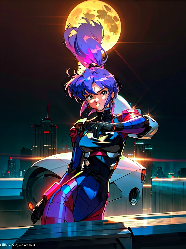 Kenichi Sonoda, retro art-style, bubblegum crisis, Sci-fi, Cyberpunk, Neon, Dystopia, (On a full moon night, on the rooftop of a high-rise building, a figure is seen wearing a metal hard suit that covers the whole body from head to toe. It is made up of curved surfaces that give it a feminine bodyline.), 1girl, solo, 18yo, Cool beauty, Unparalleled beauty, fearless look, smile, (fighting stance, attack, punching at viewer), close-up photography of upper body, Depth of field, sharp focus, (masterpiece, anime cg, official art, work of art, Award-winning work, extreme quality, ultra high definition, all intricate, overall detailed, finely detailed, super detailed, very aesthetic, boast pompously, focus on entire screen, asymmetrical, raytraced, caustics, textile shading, incredibly absurd resolution, absolutely resolution, ultra high resolution, professional, vivid colors, perfect anatomy, ideal facial features, beautiful detailed face, ideally proportioned figure, perfectly beautiful body), 
