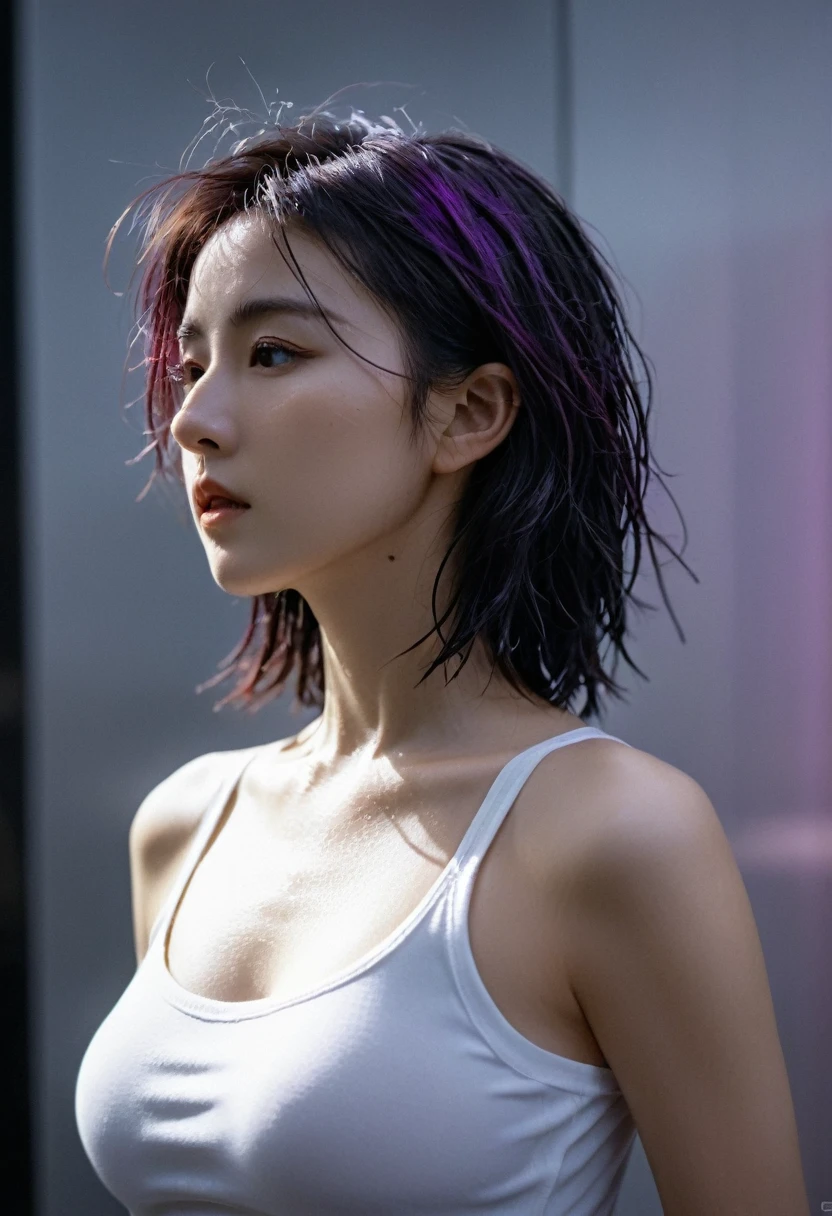 score_9, score_8_up, score_7_up, score_6_up, rating_explicit, score_9, score_8_up, score_7_up, subsurface scattering, Photorealistic, Hyperrealistic, analog style, realistic, film photography, soft lighting, photo, cinematography, high resolution, 8k, incredible photo, award winning photography, Incredible black purple hair, messy hair, only eyes visible, closeup portrait, fine detail, hair grain, beautiful black eyes, round breasts medium large, wet white crop top, sweaty body, medium close-up shot, side shot, cyberpunk atmoshpere background, glows softly behind.