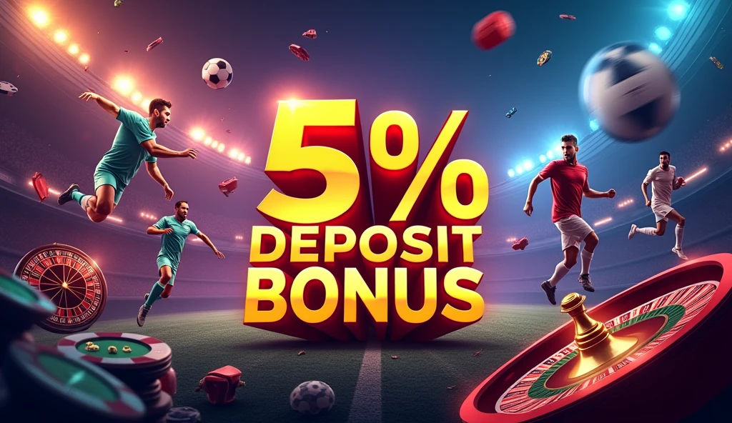 Title: Every deposit bonus 5%, casino and sports games background, casino website promotion,