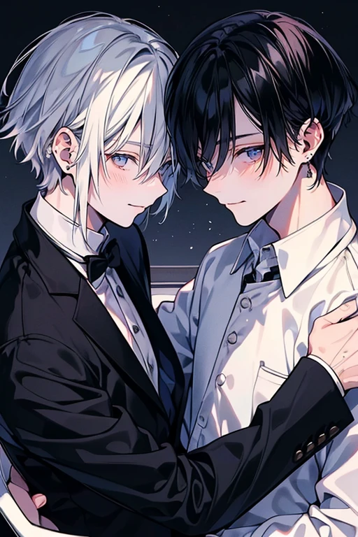 (muste piece), (best quality), very detailed, ((two men intimate)), perfect face, beautiful face, very detailed顔,(black haired man:1.3),(white haired man:1.3),suit,shirt,smile