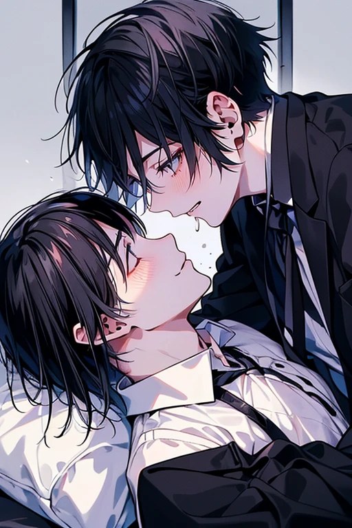 (muste piece), (best quality), very detailed, ((two men intimate)), perfect face, beautiful face, very detailed顔,(black haired man:1.3),(white haired man:1.3),suit,shirt,smile