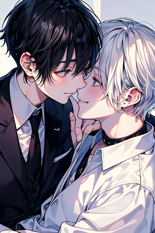 (muste piece), (best quality), very detailed, ((two men intimate)), perfect face, beautiful face, very detailed顔,(black haired man:1.3),(white haired man:1.3),suit,shirt,smile
