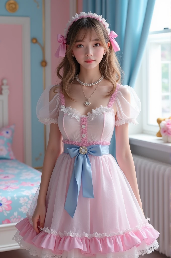 (Highest quality、masterpiece、8k、Best image quality、Hyperrealism、Award-winning works)、15-year-old cute beautiful girl、(alone:1.1)、(1 photo:1.1)、(cute, Girlish, A sheer lolita dress in light pink and light blue:1.2)、(Cute Girlish big ribbon:1.1)、(Cute and luxurious hair accessories:1.1)、(The perfect Lolita dress with attention to detail:1.2)、(A cute dress with frills and ribbons:1.1)、(cute lolita dress with lace decorations:1.1)、(Cute Girlish lolita wavy hair:1.1)、(Low length:1.1)、(height: 140cm:1.1)、(Very large breasts:1.5)、(Glamorous Body:1.5)、(Big cleavage:1.5)、(Pink Roses:1.1)、(cute heart symbol:1.1)、Cute Lots of frills、(Big cute ribbon:1.1)、Accentuate your body lines、Slender body、Standing Elegantly、(Pastel color Girlish and luxurious lolita room background:1.1)、(A fairytale lolita room with attention to detail:1.1)、(cute light blue decorative wall:1.2)、(cute room with a Girlish atmosphere in pastel colors:1.1)、(cute room with very bright and shiny pastel colors:1.4)、(A very bright and shiny room:1.2)、(Full of pastel colors:1.2)、(very bright and vivid:1.4)、(cute pastel color wall decoration:1.2)、Blurred Background、Standing Elegantly Girl、Accurate anatomy、Perfect Makeup、Long eyelashes、Glossy Lips、Ultra HD glossy skin、(Ultra-high definition, bright and beautiful skin:1.2)、(Super bright and radiant skin:1.2)、Ultra-high definition glossy lips、Ultra-high definition beautiful teeth、Light brown and blonde hair、Light brown eyes